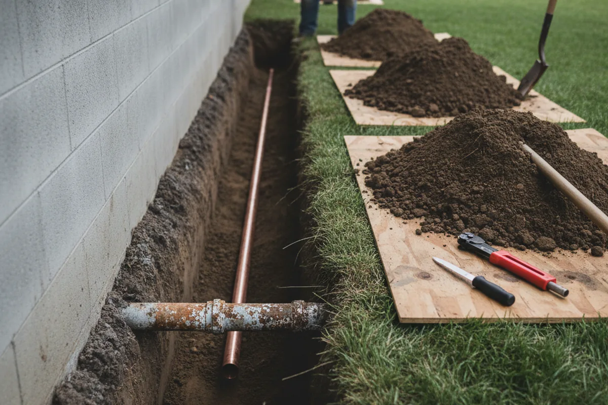 Excavated water line trench during Water Softener Installation in Schoharie